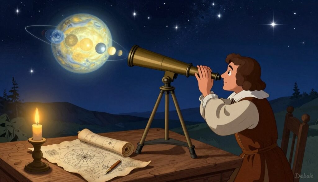 A serene night sky filled with shimmering stars and the lush, glowing planet Venus in the foreground, depicting the various phases Galileo observed. A realistic telescope sits in the middle ground, positioned on a wooden table, with Galileo Galilei—portrayed in modest clothing—using it to observe the celestial body. The scene is set in a charming 16th-century study, filled with parchment scrolls and astrological charts, casting soft candlelight that creates a warm atmosphere. The background reveals a faint silhouette of a distant mountain range, under a deep blue and indigo sky. Include vibrant colors that emphasize the celestial theme but maintain a minimalistic style. This image, signed "Debsie," captures the essence of curiosity and discovery. A serene night sky filled with shimmering stars and the lush, glowing planet Venus in the foreground, depicting the various phases Galileo observed. A realistic telescope sits in the middle ground, positioned on a wooden table, with Galileo Galilei—portrayed in modest clothing—using it to observe the celestial body. The scene is set in a charming 16th-century study, filled with parchment scrolls and astrological charts, casting soft candlelight that creates a warm atmosphere. The background reveals a faint silhouette of a distant mountain range, under a deep blue and indigo sky. Include vibrant colors that emphasize the celestial theme but maintain a minimalistic style. This image, signed "Debsie," captures the essence of curiosity and discovery.