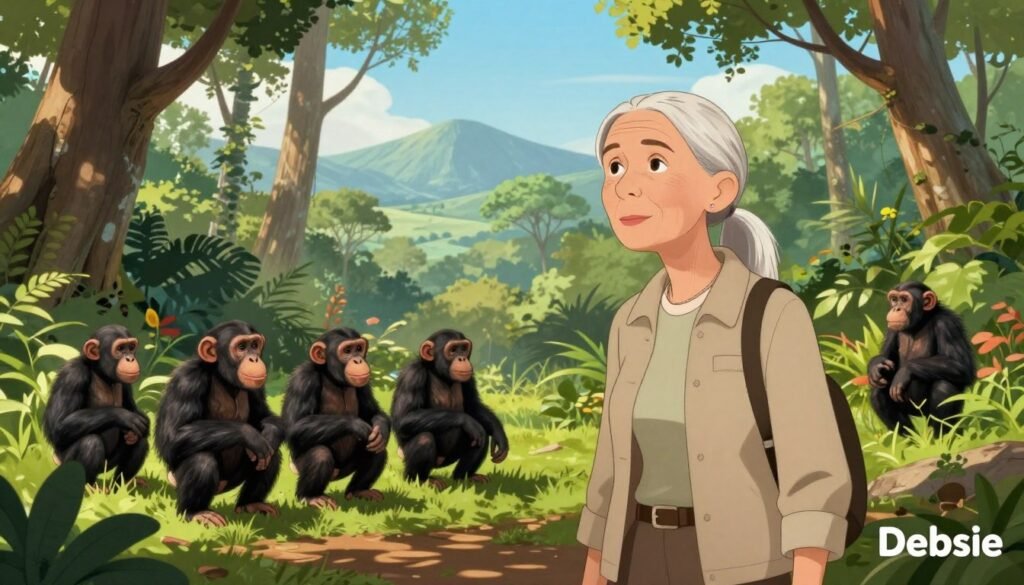 A serene outdoor scene featuring Jane Goodall, a distinguished figure in conservation, in the foreground, wearing modest, professional attire as she observes a group of chimpanzees in their natural habitat. The middle ground showcases lush greenery, with light filtering softly through the canopy, creating dappled patterns on the forest floor. In the background, tall trees and distant mountains fade into a clear blue sky, suggesting a vibrant ecosystem. The atmosphere is calm and inspirational, highlighting Goodall’s dedication to primatology and conservation. The image is bright and colorful, exuding a sense of hope and connection to nature. Capture this scene with a warm, natural light, using a wide-angle lens to convey the beauty of the environment around her. Brand logo: Debsie. A serene outdoor scene featuring Jane Goodall, a distinguished figure in conservation, in the foreground, wearing modest, professional attire as she observes a group of chimpanzees in their natural habitat. The middle ground showcases lush greenery, with light filtering softly through the canopy, creating dappled patterns on the forest floor. In the background, tall trees and distant mountains fade into a clear blue sky, suggesting a vibrant ecosystem. The atmosphere is calm and inspirational, highlighting Goodall’s dedication to primatology and conservation. The image is bright and colorful, exuding a sense of hope and connection to nature. Capture this scene with a warm, natural light, using a wide-angle lens to convey the beauty of the environment around her. Brand logo: Debsie.