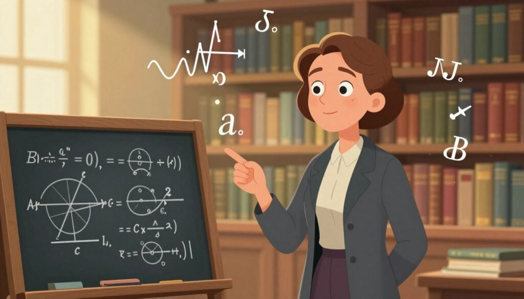 A serene scene capturing Emmy Noether, portrayed as a distinguished scientist in modest business attire, standing confidently in a library filled with mathematical equations and physics books. In the foreground, a blackboard is filled with intricate symmetry diagrams and formulas. The middle ground showcases her surrounded by floating mathematical symbols and waveforms that represent the concept of symmetry in physics. In the background, softly blurred shelves filled with vintage scientific texts and a warm, glowing light from a nearby window creates an inviting atmosphere. The lighting is bright yet soft, highlighting her thoughtful expression. The overall mood is one of inspiration and intellectual curiosity, with vibrant colors illuminating the intricacies of her groundbreaking contributions. This image reflects the legacy of Emmy Noether in a friendly and engaging manner. Branding subtly included as "Debsie." A serene scene capturing Emmy Noether, portrayed as a distinguished scientist in modest business attire, standing confidently in a library filled with mathematical equations and physics books. In the foreground, a blackboard is filled with intricate symmetry diagrams and formulas. The middle ground showcases her surrounded by floating mathematical symbols and waveforms that represent the concept of symmetry in physics. In the background, softly blurred shelves filled with vintage scientific texts and a warm, glowing light from a nearby window creates an inviting atmosphere. The lighting is bright yet soft, highlighting her thoughtful expression. The overall mood is one of inspiration and intellectual curiosity, with vibrant colors illuminating the intricacies of her groundbreaking contributions. This image reflects the legacy of Emmy Noether in a friendly and engaging manner. Branding subtly included as "Debsie."