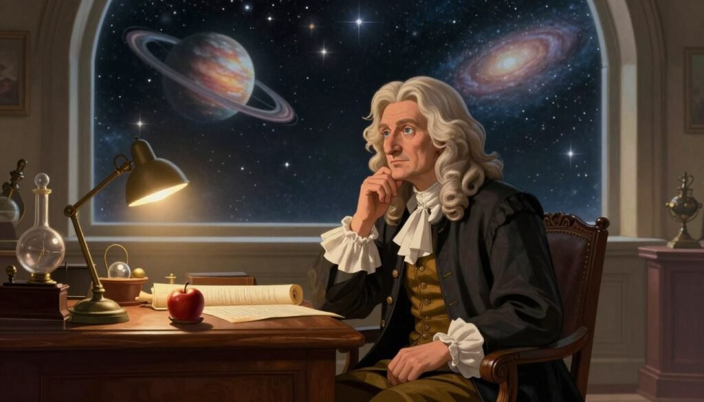 A serene scene depicting Sir Isaac Newton in a scholarly setting, surrounded by celestial elements representing universal gravitation. In the foreground, Newton, dressed in period-appropriate attire, is depicted in deep contemplation, holding an apple symbolizing gravity. The middle ground features a detailed wooden desk cluttered with scientific instruments and scrolls, showcasing his dedication to discovery. The background features a large window revealing a starry night sky filled with swirling galaxies and planets, illuminating the room with a soft glow. The atmosphere conveys a sense of wonder and enlightenment, with warm, inviting lighting emphasizing the importance of Newton's contributions. Shot with a wide-angle lens to capture the depth of the scene, the overall mood is both inspiring and academic. This image, branded “Debsie,” vividly illustrates the foundation of modern physics and celebrates a pivotal moment in scientific history. A serene scene depicting Sir Isaac Newton in a scholarly setting, surrounded by celestial elements representing universal gravitation. In the foreground, Newton, dressed in period-appropriate attire, is depicted in deep contemplation, holding an apple symbolizing gravity. The middle ground features a detailed wooden desk cluttered with scientific instruments and scrolls, showcasing his dedication to discovery. The background features a large window revealing a starry night sky filled with swirling galaxies and planets, illuminating the room with a soft glow. The atmosphere conveys a sense of wonder and enlightenment, with warm, inviting lighting emphasizing the importance of Newton's contributions. Shot with a wide-angle lens to capture the depth of the scene, the overall mood is both inspiring and academic. This image, branded “Debsie,” vividly illustrates the foundation of modern physics and celebrates a pivotal moment in scientific history.