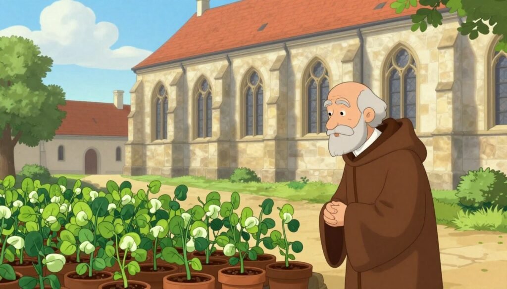 A serene scene depicting the Augustinian Monastery of St. Thomas in Brno during the mid-19th century. In the foreground, a contemplative monk, dressed in modest brown robes, observes vibrant pea plants arranged meticulously in pots, symbolizing Mendel's experiments. The middle ground features the monastery's iconic Gothic architecture, with arched windows and lush greenery surrounding the building, casting gentle shadows on the stone walls. In the background, a bright blue sky with fluffy white clouds creates a tranquil atmosphere. The lighting is soft and warm, evoking a sense of discovery and inspiration. The composition is balanced, encouraging viewers to appreciate both Mendel’s contributions and the peaceful setting of his research. This colorful image reflects the essence of scientific inquiry and is crafted in a friendly, inviting style. Debsie. A serene scene depicting the Augustinian Monastery of St. Thomas in Brno during the mid-19th century. In the foreground, a contemplative monk, dressed in modest brown robes, observes vibrant pea plants arranged meticulously in pots, symbolizing Mendel's experiments. The middle ground features the monastery's iconic Gothic architecture, with arched windows and lush greenery surrounding the building, casting gentle shadows on the stone walls. In the background, a bright blue sky with fluffy white clouds creates a tranquil atmosphere. The lighting is soft and warm, evoking a sense of discovery and inspiration. The composition is balanced, encouraging viewers to appreciate both Mendel’s contributions and the peaceful setting of his research. This colorful image reflects the essence of scientific inquiry and is crafted in a friendly, inviting style. Debsie.