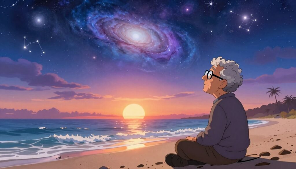 A serene scene featuring a thoughtful Carl Sagan, depicted as an older man with curly hair and glasses, sitting on a sandy beach at sunset. In the foreground, he gazes up at the star-studded sky filled with swirling galaxies and constellations. In the middle ground, gentle waves lap at the shore, reflecting the warm colors of the setting sun. The background showcases a vibrant cosmos, blending deep blues, purples, and bright whites, symbolizing the vastness of space and the mysteries it holds. Soft lighting creates an ethereal glow, enhancing the contemplative mood, merging science and spirituality. The atmosphere feels both peaceful and profound, inviting reflection. Include the brand name "Debsie" subtly integrated into the scene. A serene scene featuring a thoughtful Carl Sagan, depicted as an older man with curly hair and glasses, sitting on a sandy beach at sunset. In the foreground, he gazes up at the star-studded sky filled with swirling galaxies and constellations. In the middle ground, gentle waves lap at the shore, reflecting the warm colors of the setting sun. The background showcases a vibrant cosmos, blending deep blues, purples, and bright whites, symbolizing the vastness of space and the mysteries it holds. Soft lighting creates an ethereal glow, enhancing the contemplative mood, merging science and spirituality. The atmosphere feels both peaceful and profound, inviting reflection. Include the brand name "Debsie" subtly integrated into the scene.