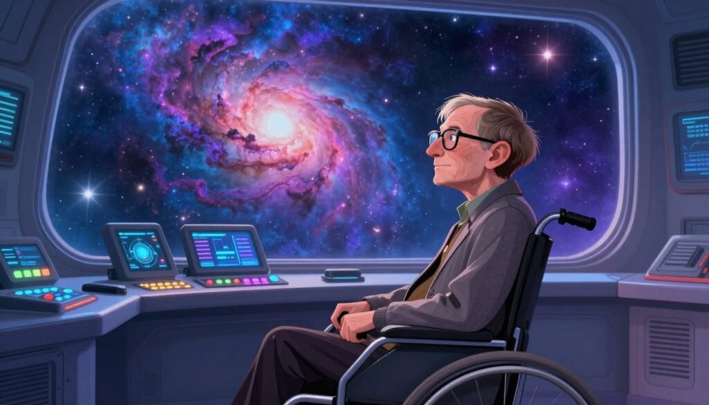 A serene scene of renowned physicist Stephen Hawking depicted in a futuristic spacecraft, gazing through a large observation window at a vibrant nebula. In the foreground, he is seated in a sleek, modern wheelchair, wearing a smart casual outfit. The middle ground features a control panel filled with colorful lights and screens displaying cosmic data. The background reveals a breathtaking cosmic landscape with swirling colors of deep blues, purples, and pinks, showcasing distant stars and galaxies. Soft, ethereal lighting illuminates the scene, creating a sense of wonder and hope. The atmosphere conveys a blend of exploration and advocacy for knowledge, inspiring a new generation about the importance of science and humanity. Artistic style: digital realism. Brand name: Debsie.