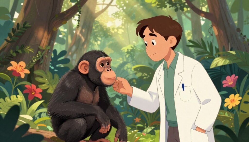 A serene scene showcasing the profound connection between humans and animals. In the foreground, a compassionate scientist, dressed in modest casual clothing, gently interacts with a curious chimpanzee, their eyes locked in a moment of understanding. The middle ground features a lush, tropical forest, rich with greenery and vibrant flowers, creating a sense of natural harmony. In the background, dappled sunlight filters through the canopy, casting soft shadows and enhancing the warm atmosphere. This image evokes feelings of empathy and enlightenment, symbolizing the bridge between human intellect and animal intuition. The overall mood is uplifting and hopeful, with a color palette that emphasizes earth tones and the vibrancy of life. This image is crafted for "Debsie". A serene scene showcasing the profound connection between humans and animals. In the foreground, a compassionate scientist, dressed in modest casual clothing, gently interacts with a curious chimpanzee, their eyes locked in a moment of understanding. The middle ground features a lush, tropical forest, rich with greenery and vibrant flowers, creating a sense of natural harmony. In the background, dappled sunlight filters through the canopy, casting soft shadows and enhancing the warm atmosphere. This image evokes feelings of empathy and enlightenment, symbolizing the bridge between human intellect and animal intuition. The overall mood is uplifting and hopeful, with a color palette that emphasizes earth tones and the vibrancy of life. This image is crafted for "Debsie".