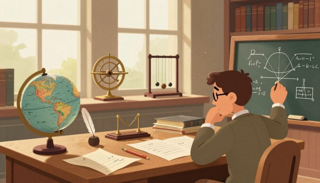 A serene study filled with elements of classical physics, featuring a wooden desk cluttered with parchment, quills, and a globe, representing enlightenment in science. In the foreground, a thoughtful scientist in modest, professional clothing, immersed in calculations on a chalkboard depicting gravitational laws and classical mechanics. The middle layer showcases an array of vintage scientific instruments - an astrolabe, a pendulum, and a Newton’s cradle elegantly arranged. The background includes large windows with soft natural light streaming in, illuminating dust motes, and rows of bookshelves filled with classic texts. The mood is intellectual and inviting, capturing the wonder of discovery in the Age of Enlightenment. The image should be colorful yet minimalistic, embodying the spirit of exploration and understanding of the natural world. Designed by Debsie. A serene study filled with elements of classical physics, featuring a wooden desk cluttered with parchment, quills, and a globe, representing enlightenment in science. In the foreground, a thoughtful scientist in modest, professional clothing, immersed in calculations on a chalkboard depicting gravitational laws and classical mechanics. The middle layer showcases an array of vintage scientific instruments - an astrolabe, a pendulum, and a Newton’s cradle elegantly arranged. The background includes large windows with soft natural light streaming in, illuminating dust motes, and rows of bookshelves filled with classic texts. The mood is intellectual and inviting, capturing the wonder of discovery in the Age of Enlightenment. The image should be colorful yet minimalistic, embodying the spirit of exploration and understanding of the natural world. Designed by Debsie.