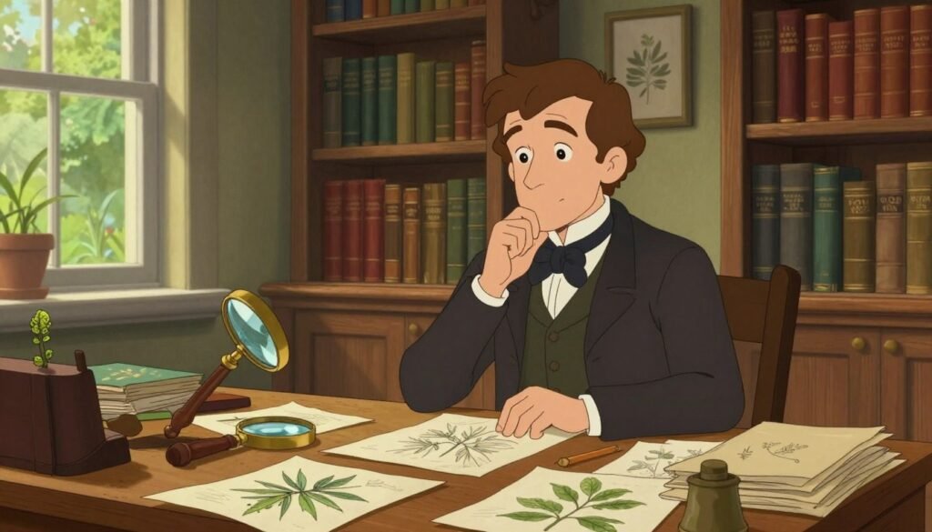 A serene study filled with natural light, reflecting the early 19th century. In the foreground, a wooden desk cluttered with papers, sketches of plants, and a magnifying glass, symbolizing Darwin's scientific exploration. In the middle, a portrait of a young Charles Darwin, dressed in modest, period-appropriate attire, deeply engaged in thought, surrounded by botanical specimens. The background features tall bookshelves filled with leather-bound volumes and a window showcasing lush greenery, hinting at his love for nature. The overall atmosphere should be warm and inviting, conveying a sense of curiosity and intellect. Soft, diffused lighting bathes the scene, capturing a moment of inspiration in his formative years. Vibrant colors should bring life to the natural elements. Image by Debsie. A serene study filled with natural light, reflecting the early 19th century. In the foreground, a wooden desk cluttered with papers, sketches of plants, and a magnifying glass, symbolizing Darwin's scientific exploration. In the middle, a portrait of a young Charles Darwin, dressed in modest, period-appropriate attire, deeply engaged in thought, surrounded by botanical specimens. The background features tall bookshelves filled with leather-bound volumes and a window showcasing lush greenery, hinting at his love for nature. The overall atmosphere should be warm and inviting, conveying a sense of curiosity and intellect. Soft, diffused lighting bathes the scene, capturing a moment of inspiration in his formative years. Vibrant colors should bring life to the natural elements. Image by Debsie.