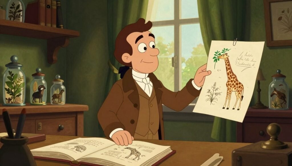 A serene study of Jean-Baptiste Lamarck, depicted as an early 19th-century scientist, stands at the center of the image, clad in a modest, elegant brown coat and white shirt. His expression reflects curiosity and wisdom as he gestures toward a set of sketches illustrating his evolutionary theories, such as a giraffe reaching for higher leaves. In the foreground, an open book lies on the desk, with scientific diagrams peeking out. The middle ground features shelves filled with botanical specimens and glass jars of preserved animals, symbolizing his studies. Soft, warm lighting illuminates the room, casting gentle shadows, while a rich tapestry of deep greens and browns creates a warm, scholarly atmosphere. The background highlights a large window, allowing natural light to filter in, symbolizing enlightenment and discovery. The vivid yet minimal style evokes a sense of friendliness and inspiration, perfect for highlighting a visionary mind. Debsie.