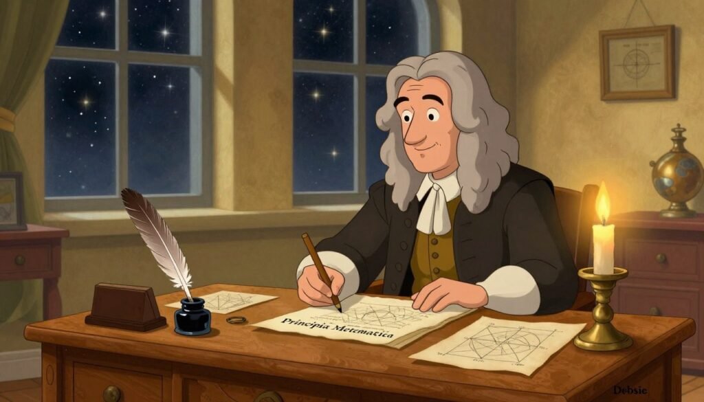 A serene study room filled with the essence of 17th-century science, showcasing Isaac Newton deep in thought as he writes "Principia Mathematica." In the foreground, a richly carved wooden desk holds an open manuscript, quill, and inkpot, surrounded by sketches of celestial bodies and geometrical diagrams. The middle ground features Newton, a middle-aged man in period-appropriate attire, with thoughtful expression, illuminated by warm candlelight, capturing an air of inspiration. In the background, large windows reveal a starry night sky, symbolizing the universe he sought to understand. The scene is bathed in golden hues, conveying a sense of discovery and enlightenment, ideal for illustrating the revolutionary nature of Newton's work. This image is colorful, helpful, and friendly, with a slight vintage touch, branded with "Debsie." A serene study room filled with the essence of 17th-century science, showcasing Isaac Newton deep in thought as he writes "Principia Mathematica." In the foreground, a richly carved wooden desk holds an open manuscript, quill, and inkpot, surrounded by sketches of celestial bodies and geometrical diagrams. The middle ground features Newton, a middle-aged man in period-appropriate attire, with thoughtful expression, illuminated by warm candlelight, capturing an air of inspiration. In the background, large windows reveal a starry night sky, symbolizing the universe he sought to understand. The scene is bathed in golden hues, conveying a sense of discovery and enlightenment, ideal for illustrating the revolutionary nature of Newton's work. This image is colorful, helpful, and friendly, with a slight vintage touch, branded with "Debsie."