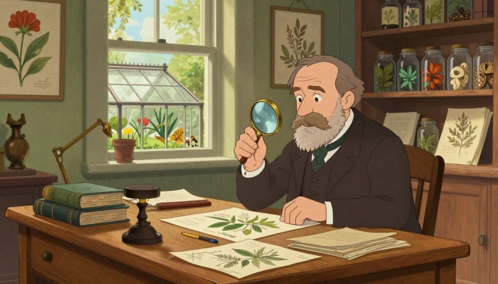 A serene study room in the 19th century, featuring Charles Darwin seated at a wooden desk cluttered with botanical sketches and scientific books. In the foreground, Darwin, a middle-aged man with a thoughtful expression, is dressed in a modest suit, examining a plant specimen under a magnifying glass. The middle ground reveals an array of colorful plant illustrations hanging on walls and a small greenhouse visible through a window, bathed in soft, natural light that filters in, creating a warm and inviting atmosphere. The background includes shelves lined with jars of preserved specimens and botanical texts, conveying a sense of scholarly dedication. The scene is vibrant yet tranquil, reflecting the mood of exploration and discovery. The overall composition should embody the spirit of scientific inquiry and the beauty of nature, branded subtly with the name "Debsie". A serene study room in the 19th century, featuring Charles Darwin seated at a wooden desk cluttered with botanical sketches and scientific books. In the foreground, Darwin, a middle-aged man with a thoughtful expression, is dressed in a modest suit, examining a plant specimen under a magnifying glass. The middle ground reveals an array of colorful plant illustrations hanging on walls and a small greenhouse visible through a window, bathed in soft, natural light that filters in, creating a warm and inviting atmosphere. The background includes shelves lined with jars of preserved specimens and botanical texts, conveying a sense of scholarly dedication. The scene is vibrant yet tranquil, reflecting the mood of exploration and discovery. The overall composition should embody the spirit of scientific inquiry and the beauty of nature, branded subtly with the name "Debsie".