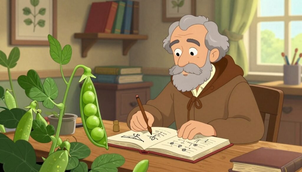 A serene study room with Gregor Mendel, a scholarly monk in modest casual clothing, thoughtfully examining pea plants on a wooden desk. The foreground features a close-up of rich green pea pods and vibrant leaves under soft, warm lighting. In the middle, Mendel interacts with an open notebook filled with sketches and genetic diagrams, conveying deep concentration. The background is adorned with shelves of old books and botanical illustrations, illuminated by gentle sunlight filtering through a window. The overall atmosphere is one of discovery and intellectual curiosity, with a colorful yet inviting palette. Capture this moment with a shallow depth of field to emphasize Mendel’s expression and the rich textures. Brand: Debsie. A serene study room with Gregor Mendel, a scholarly monk in modest casual clothing, thoughtfully examining pea plants on a wooden desk. The foreground features a close-up of rich green pea pods and vibrant leaves under soft, warm lighting. In the middle, Mendel interacts with an open notebook filled with sketches and genetic diagrams, conveying deep concentration. The background is adorned with shelves of old books and botanical illustrations, illuminated by gentle sunlight filtering through a window. The overall atmosphere is one of discovery and intellectual curiosity, with a colorful yet inviting palette. Capture this moment with a shallow depth of field to emphasize Mendel’s expression and the rich textures. Brand: Debsie.