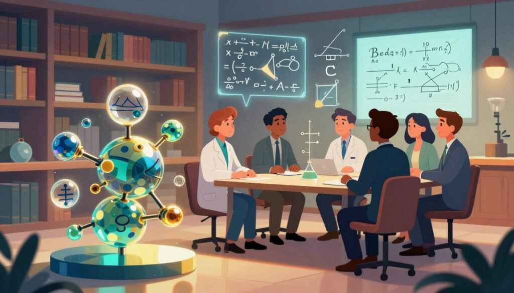 A serene, thought-provoking scene depicting mathematical logic in a vibrant, modern style. In the foreground, an abstract sculpture representing logical constructs, such as symbols and equations, crafted from shimmering glass and metal. In the middle ground, a diverse group of scientists, dressed in professional business attire, intensely engaged in a collaborative discussion, surrounded by floating equations and diagrams that visually represent complex theories. The background features a softly illuminated library filled with books on mathematics and logic, with warm, inviting lighting. The overall atmosphere should evoke curiosity and inspiration, with a color palette of blues, greens, and golds, enhancing the intellectual ambiance. The image should embody the essence of innovation and intellect in mathematical logic, branded subtly with "Debsie" within the composition. A serene, thought-provoking scene depicting mathematical logic in a vibrant, modern style. In the foreground, an abstract sculpture representing logical constructs, such as symbols and equations, crafted from shimmering glass and metal. In the middle ground, a diverse group of scientists, dressed in professional business attire, intensely engaged in a collaborative discussion, surrounded by floating equations and diagrams that visually represent complex theories. The background features a softly illuminated library filled with books on mathematics and logic, with warm, inviting lighting. The overall atmosphere should evoke curiosity and inspiration, with a color palette of blues, greens, and golds, enhancing the intellectual ambiance. The image should embody the essence of innovation and intellect in mathematical logic, branded subtly with "Debsie" within the composition.