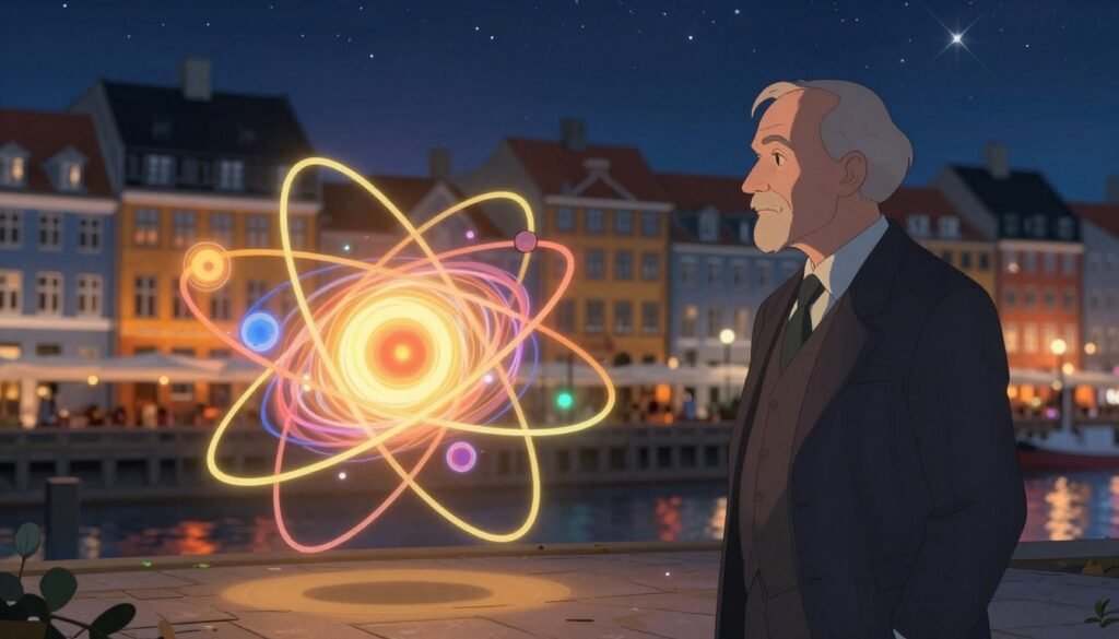 A serene visualization of the Copenhagen interpretation of quantum theory, featuring a stylized model of an atom in the foreground, displaying vibrant electrons orbiting a luminous nucleus in a mesmerizing swirl of colors. In the middle ground, a soft-focus silhouette of Niels Bohr is depicted, clad in a classic suit, thoughtfully observing the atomic model. The background showcases an abstract representation of Copenhagen’s cityscape, with the iconic Nyhavn colorful buildings blending into a starry night sky that symbolizes the mysteries of quantum mechanics. The lighting is warm and inviting, highlighting the atom's brilliance while casting gentle shadows. The overall mood is contemplative and inspiring, evoking a sense of wonder about the nature of reality. Debsie.