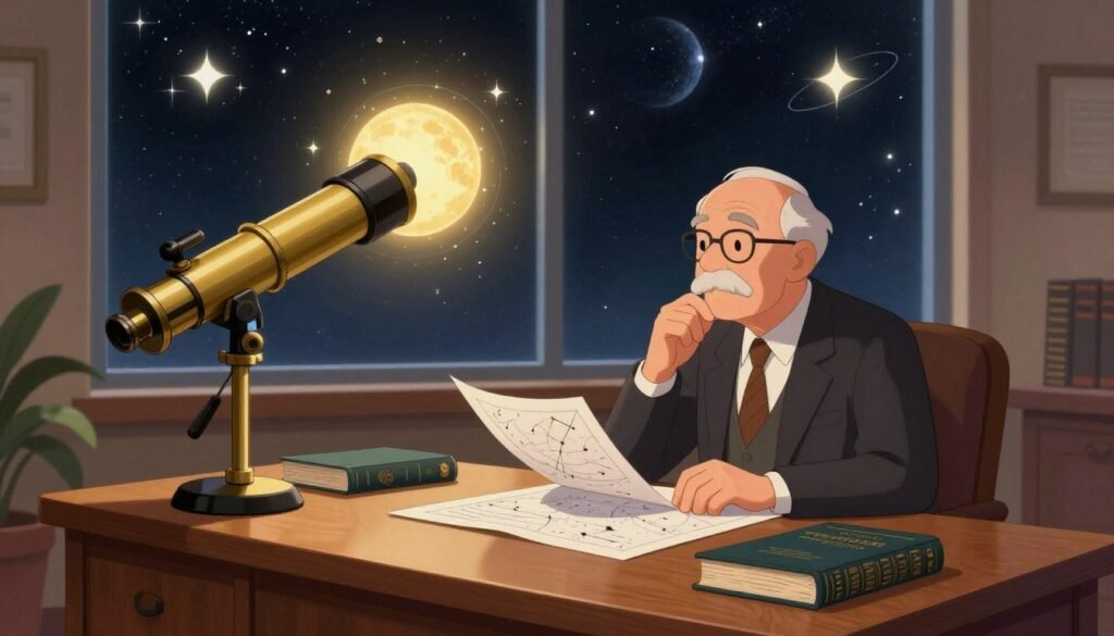 A serene workspace blending law and astronomy, featuring an older Edwin Hubble in professional business attire, thoughtfully examining celestial charts and law books on a large oak desk. In the foreground, a telescope points toward a starry sky, with a glowing universe depicted in the background. Soft, warm lighting creates an inviting atmosphere, illuminating Hubble's focused expression. The middle ground showcases a large window revealing a night sky filled with bright stars, symbolizing his transition from law to the vastness of astronomy. Overall, the mood is one of discovery and intellectual curiosity, with an emphasis on enlightenment and the enormity of the universe. The brand name "Debsie" subtly appears in the design. A serene workspace blending law and astronomy, featuring an older Edwin Hubble in professional business attire, thoughtfully examining celestial charts and law books on a large oak desk. In the foreground, a telescope points toward a starry sky, with a glowing universe depicted in the background. Soft, warm lighting creates an inviting atmosphere, illuminating Hubble's focused expression. The middle ground showcases a large window revealing a night sky filled with bright stars, symbolizing his transition from law to the vastness of astronomy. Overall, the mood is one of discovery and intellectual curiosity, with an emphasis on enlightenment and the enormity of the universe. The brand name "Debsie" subtly appears in the design.
