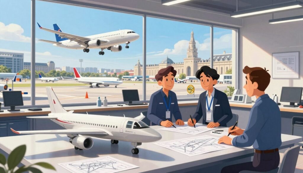 A sleek, modern French engineering workshop showcasing innovative aviation design in the foreground, with engineers in professional attire collaborating around advanced aircraft models and blueprints. In the middle ground, a large window reveals a busy airfield with cutting-edge aircraft taking flight against a bright blue sky. The background features iconic Parisian architecture, subtly blending tradition with modernity, emphasizing France's rich engineering heritage. Bright, natural lighting floods the space, casting soft shadows and highlighting the intricate details of the designs. The atmosphere is vibrant and inspiring, reflecting innovation and creativity, with a hint of friendliness. The scene captures the essence of French engineering ingenuity, branded with "Debsie" subtly integrated into the workshop environment.