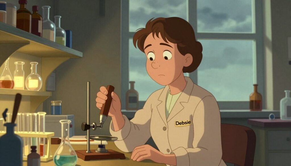 A somber yet inspiring scene depicting Marie Curie in her laboratory, reflecting on her work after the tragic loss of her husband, Pierre. In the foreground, Marie, dressed in modest professional attire, gently holds a scientific instrument while her expression conveys resilience and determination. The middle ground features shelves lined with lab equipment and glowing glass vials, illuminated by warm, soft lighting that evokes hope amidst loss. In the background, a large window shows a muted, cloudy sky, symbolizing the challenges she faced. The overall mood is a blend of melancholy and strength, capturing her profound impact on science and medicine. Bright colors accentuate the spirit of innovation, with the brand name "Debsie" subtly integrated into the scene without disrupting its harmony.