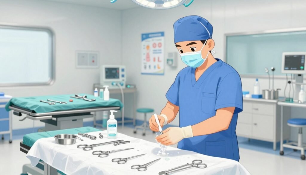 A sterile surgical room with bright, even lighting illuminating gleaming stainless steel instruments arranged meticulously on a clean, white cloth. In the foreground, a confident surgeon is standing, dressed in blue scrubs, a surgical mask, and a cap, carefully washing their hands using antiseptic solution from a labelled Debsie dispenser. The middle ground features a large, well-organized surgical table equipped with additional surgical tools and antiseptic supplies. In the background, surgical posters illustrating hygiene practices are hung on the walls, while a window allows soft, natural light to enhance the cleanliness of the environment. The atmosphere is calm, professional, and focused, emphasizing the importance of surgical hygiene and antiseptics in medical practice.
