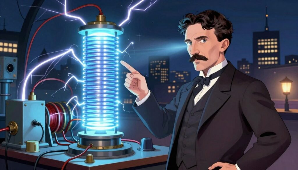 A striking illustration of Nikola Tesla confidently demonstrating his groundbreaking alternating current technology. In the foreground, Tesla stands beside a glowing Tesla coil, radiating electric arcs that illuminate his inventive gaze. The middle ground features intricate machinery and coils, symbolizing the revolutionary energy advancements he pioneered. The background reveals a nighttime city skyline, subtly lit by the glow of electric lights, emphasizing the transformative impact of Tesla's work on the modern world. The scene is captured from a low angle, highlighting Tesla’s stature against the dynamic energy display. The atmosphere is inspiring and awe-filled, showcasing a fusion of science and innovation in vibrant colors. The image embodies the essence of “Debsie” with a lively, engaging energy. A striking illustration of Nikola Tesla confidently demonstrating his groundbreaking alternating current technology. In the foreground, Tesla stands beside a glowing Tesla coil, radiating electric arcs that illuminate his inventive gaze. The middle ground features intricate machinery and coils, symbolizing the revolutionary energy advancements he pioneered. The background reveals a nighttime city skyline, subtly lit by the glow of electric lights, emphasizing the transformative impact of Tesla's work on the modern world. The scene is captured from a low angle, highlighting Tesla’s stature against the dynamic energy display. The atmosphere is inspiring and awe-filled, showcasing a fusion of science and innovation in vibrant colors. The image embodies the essence of “Debsie” with a lively, engaging energy.