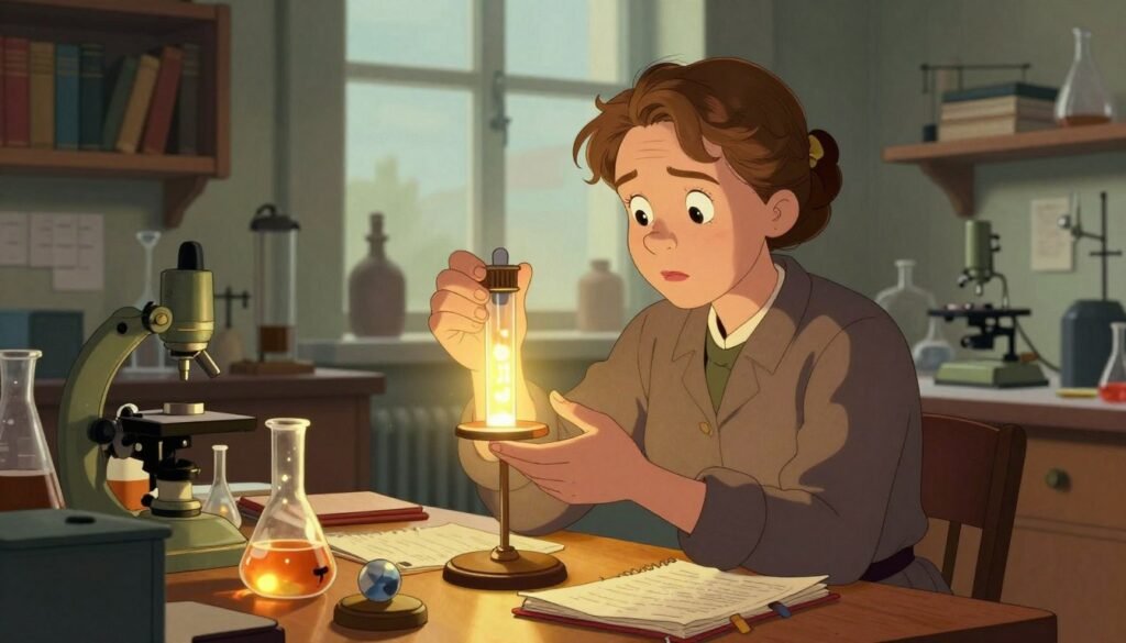A striking portrait of Marie Curie in her laboratory, surrounded by vintage scientific instruments used for her research on radioactivity. In the foreground, Curie, dressed in modest professional attire, intently examines a glowing vial of radioactive material, with her thoughtful expression reflecting her persistence in inquiry. The middle ground features an array of beakers and notebooks, illuminated by warm, soft lighting that highlights the shimmering effects of the radioactivity. In the background, shelves filled with books and scientific equipment create an inspiring atmosphere, with a large window letting in gentle, diffused daylight. The overall mood is one of curiosity and determination, embodying the spirit of scientific exploration. Use vibrant colors to evoke a sense of innovation and discovery. Debsie. A striking portrait of Marie Curie in her laboratory, surrounded by vintage scientific instruments used for her research on radioactivity. In the foreground, Curie, dressed in modest professional attire, intently examines a glowing vial of radioactive material, with her thoughtful expression reflecting her persistence in inquiry. The middle ground features an array of beakers and notebooks, illuminated by warm, soft lighting that highlights the shimmering effects of the radioactivity. In the background, shelves filled with books and scientific equipment create an inspiring atmosphere, with a large window letting in gentle, diffused daylight. The overall mood is one of curiosity and determination, embodying the spirit of scientific exploration. Use vibrant colors to evoke a sense of innovation and discovery. Debsie.