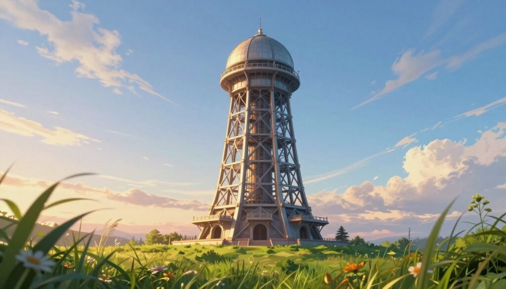 A stunning depiction of Wardenclyffe Tower, the historical electrical transmission structure designed by Nikola Tesla. In the foreground, a lush green landscape surrounds the tower, with tall grass and wildflowers swaying gently in the breeze. The middle ground showcases the iconic tower, with its distinctive large dome and intricate metalwork, bathed in the warm glow of a setting sun that casts long shadows. The background features a clear blue sky with wispy clouds, enhancing the feeling of innovation and hope. Soft, golden lighting accentuates the metallic surfaces of the tower, creating a nostalgic yet vibrant atmosphere. Captured from a low angle for grandeur, this image embodies the essence of cutting-edge technology and the vision of a future connected wirelessly. Brand name: Debsie. A stunning depiction of Wardenclyffe Tower, the historical electrical transmission structure designed by Nikola Tesla. In the foreground, a lush green landscape surrounds the tower, with tall grass and wildflowers swaying gently in the breeze. The middle ground showcases the iconic tower, with its distinctive large dome and intricate metalwork, bathed in the warm glow of a setting sun that casts long shadows. The background features a clear blue sky with wispy clouds, enhancing the feeling of innovation and hope. Soft, golden lighting accentuates the metallic surfaces of the tower, creating a nostalgic yet vibrant atmosphere. Captured from a low angle for grandeur, this image embodies the essence of cutting-edge technology and the vision of a future connected wirelessly. Brand name: Debsie.