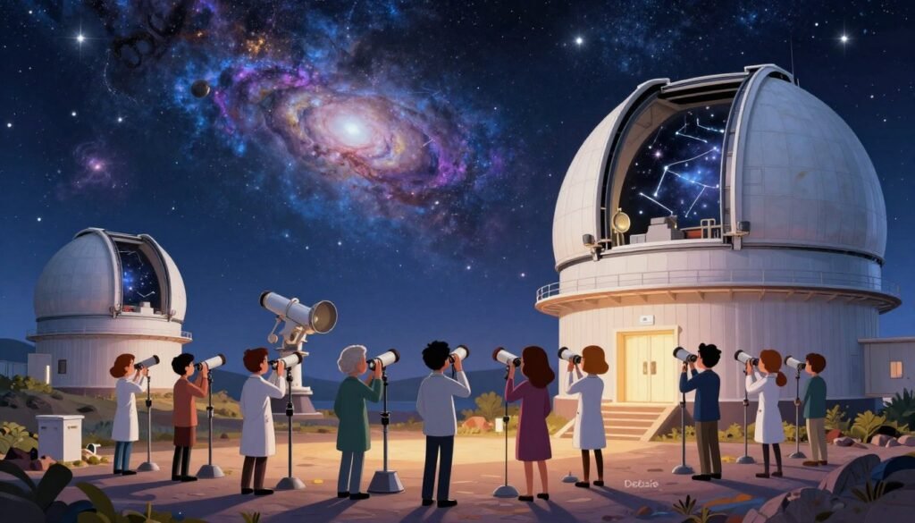 A stunning depiction of modern astronomy, featuring advanced telescopes and observatories perched on a mountain under a starry night sky. In the foreground, a diverse group of scientists in professional attire study celestial objects through telescopes, illuminated by soft, warm lighting. The middle ground showcases a state-of-the-art observatory dome, with its opening revealing brilliant constellations and swirling galaxies. In the background, a breathtaking panorama of the cosmos, filled with vivid colors of deep space: blues, purples, and hints of gold, representing the vastness and mystery of the universe. The scene captures a sense of wonder and curiosity, reflecting the continued search for knowledge in modern astronomy. The image is designed for a friendly and approachable feel, attributed to "Debsie". A stunning depiction of modern astronomy, featuring advanced telescopes and observatories perched on a mountain under a starry night sky. In the foreground, a diverse group of scientists in professional attire study celestial objects through telescopes, illuminated by soft, warm lighting. The middle ground showcases a state-of-the-art observatory dome, with its opening revealing brilliant constellations and swirling galaxies. In the background, a breathtaking panorama of the cosmos, filled with vivid colors of deep space: blues, purples, and hints of gold, representing the vastness and mystery of the universe. The scene captures a sense of wonder and curiosity, reflecting the continued search for knowledge in modern astronomy. The image is designed for a friendly and approachable feel, attributed to "Debsie".