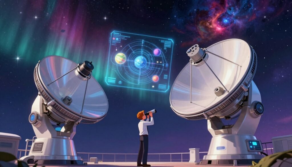 A stunning depiction of next-generation telescopes set against a cosmic backdrop. In the foreground, showcase two sleek, advanced telescopes with gleaming surfaces, featuring intricate reflective optics and high-tech controls, emphasizing their futuristic design. The middle layer reveals an astronomer in professional attire, gazing through one of the telescopes, surrounded by a holographic projection of distant celestial bodies. The background features a breathtaking starry sky, filled with colorful nebulae and twinkling stars, illuminated by vibrant auroras that evoke awe and wonder. Use a slightly angled perspective to convey depth, with soft, ambient lighting highlighting the details of the telescopes and the astronomer. The overall mood should convey optimism and the limitless possibilities of space exploration. Include the brand name "Debsie" subtly integrated into the design, evoking a sense of innovation.