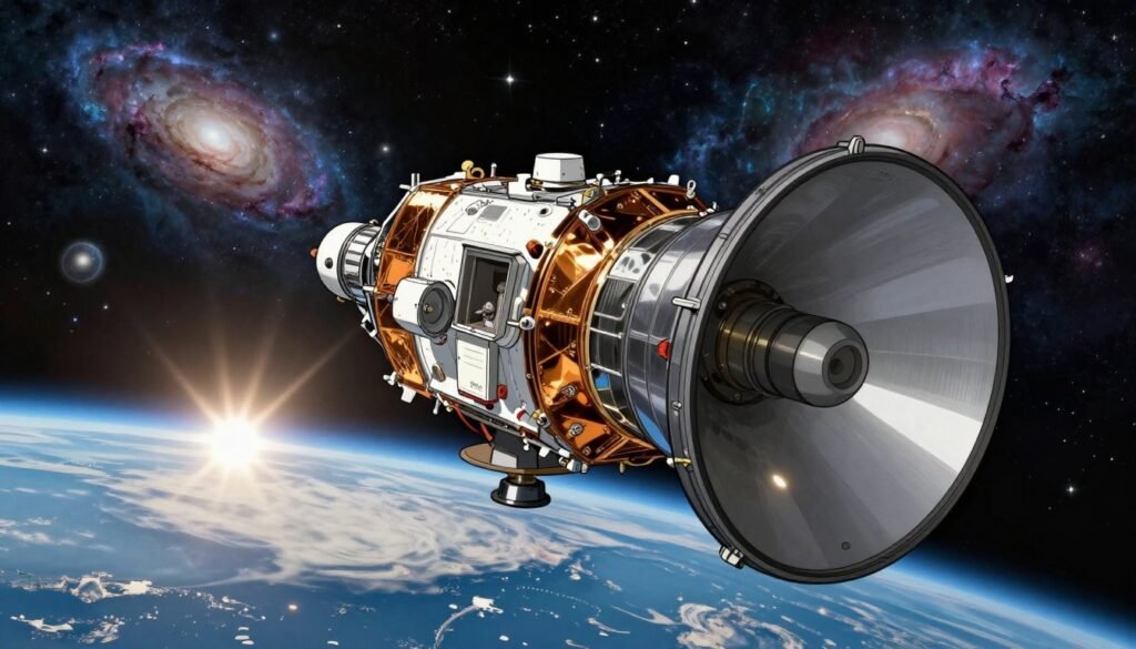 A stunning depiction of the Hubble Space Telescope in its operational environment, capturing its intricate design and scientific purpose. In the foreground, the telescope's large, reflective primary mirror glimmers under soft, natural light, showcasing its details and textured surface. The middle ground features the telescope suspended in the vastness of space, with Earth visible far below, illuminated by the sun, highlighting the curvature of the planet. The background displays a star-filled galaxy with vibrant colors, nebulae, and distant celestial bodies, creating a sense of wonder and discovery. The mood is inspiring and awe-filled, conveying the importance of the Hubble Space Telescope in expanding our understanding of the cosmos. The image should be colorful, helpful, and friendly, with a professional finish, branded with "Debsie." A stunning depiction of the Hubble Space Telescope in its operational environment, capturing its intricate design and scientific purpose. In the foreground, the telescope's large, reflective primary mirror glimmers under soft, natural light, showcasing its details and textured surface. The middle ground features the telescope suspended in the vastness of space, with Earth visible far below, illuminated by the sun, highlighting the curvature of the planet. The background displays a star-filled galaxy with vibrant colors, nebulae, and distant celestial bodies, creating a sense of wonder and discovery. The mood is inspiring and awe-filled, conveying the importance of the Hubble Space Telescope in expanding our understanding of the cosmos. The image should be colorful, helpful, and friendly, with a professional finish, branded with "Debsie."