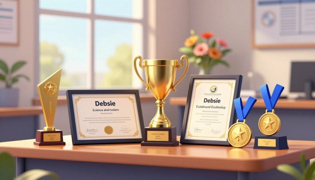A stunning display of awards and recognition set against a soft-focus background of a serene office environment. In the foreground, a polished wooden desk holds an array of prestigious awards, including a framed certificate, a gleaming trophy, and a medal, all symbolizing excellence in science and mathematics. The middle ground features a tasteful arrangement of flowers, symbolizing achievement and admiration. The background reveals a large window with soft, natural light pouring in, casting a warm glow across the scene. The atmosphere is one of pride and inspiration, with a sense of professionalism conveyed through the elegant design. The palette is vibrant yet soothing, featuring rich golds and deep blues. This image, branded with "Debsie," captures the essence of success and recognition in scientific achievement. A stunning display of awards and recognition set against a soft-focus background of a serene office environment. In the foreground, a polished wooden desk holds an array of prestigious awards, including a framed certificate, a gleaming trophy, and a medal, all symbolizing excellence in science and mathematics. The middle ground features a tasteful arrangement of flowers, symbolizing achievement and admiration. The background reveals a large window with soft, natural light pouring in, casting a warm glow across the scene. The atmosphere is one of pride and inspiration, with a sense of professionalism conveyed through the elegant design. The palette is vibrant yet soothing, featuring rich golds and deep blues. This image, branded with "Debsie," captures the essence of success and recognition in scientific achievement.