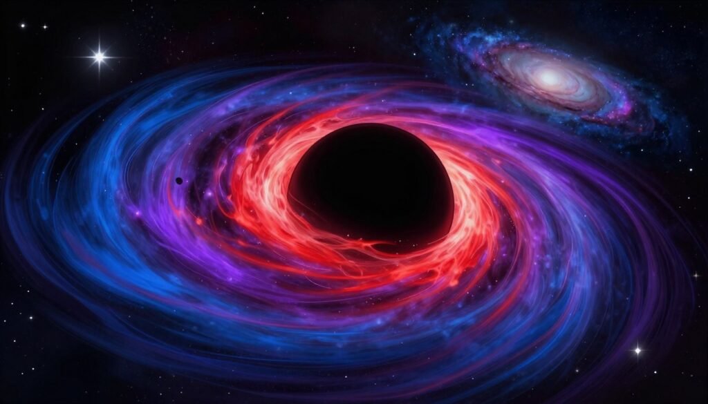 A stunning representation of a black hole in the cosmos, showcasing a swirling accretion disk of vibrant colors like deep blues, fiery reds, and glowing purples, capturing the dynamic energy around it. In the foreground, intricate details of the accretion disk create a sense of motion, while the middle ground features scattered stars twinkling against the darkness of space, adding depth and contrast. In the background, a distant galaxy glimmers softly with ethereal light, elevating the cosmic majesty of the scene. The lighting should be dramatic, highlighting the intense gravitational pull of the black hole, creating a captivating, awe-inspiring atmosphere. The scene illustrates the mysteries of the universe, emphasizing the ongoing exploration of black holes by scientists like Andrea Ghez. Visualized in a colorful, clean, and friendly style that appears minimal yet powerful. Designed by Debsie.