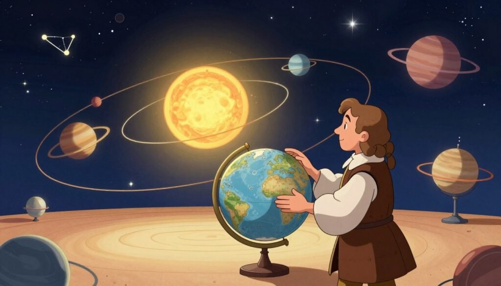 A stunning visualization of Johannes Kepler standing in a celestial observatory, surrounded by models of the solar system illustrating his laws of planetary motion. In the foreground, Kepler, a man in early 17th-century attire, examines a large, intricate globe, embodying focus and curiosity. The middle ground features a depiction of the elliptical orbits of planets, elegantly swirling around the sun, with ethereal light illuminating the scene. The background displays a starry night sky filled with distant stars and constellations, enhancing the sense of wonder. Soft, warm lighting creates an inviting atmosphere, evoking a spirit of exploration and discovery. The entire composition is colorful and minimalistic, reinforcing the theme of scientific advancement. Created by Debsie. A stunning visualization of Johannes Kepler standing in a celestial observatory, surrounded by models of the solar system illustrating his laws of planetary motion. In the foreground, Kepler, a man in early 17th-century attire, examines a large, intricate globe, embodying focus and curiosity. The middle ground features a depiction of the elliptical orbits of planets, elegantly swirling around the sun, with ethereal light illuminating the scene. The background displays a starry night sky filled with distant stars and constellations, enhancing the sense of wonder. Soft, warm lighting creates an inviting atmosphere, evoking a spirit of exploration and discovery. The entire composition is colorful and minimalistic, reinforcing the theme of scientific advancement. Created by Debsie.
