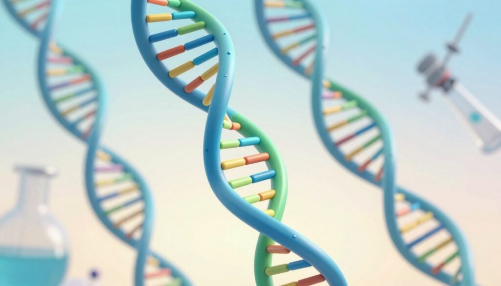 A stunningly detailed representation of a DNA double helix structure, elegantly twisting in the foreground, vibrant with colors of blue, green, and gold. The model should exhibit clearly defined base pairs, showcasing molecular bonds in a realistic yet artistic manner. In the middle ground, faded images of scientific tools and laboratory equipment can subtly blend into the scene, suggesting a research environment. The background features a soft gradient of light, enhancing the focus on the DNA, with gentle lighting that casts soft shadows to suggest depth. Capture the essence of scientific exploration and innovation, providing a welcoming and educational mood. The composition should be minimal yet visually captivating, embodying the brand name "Debsie."