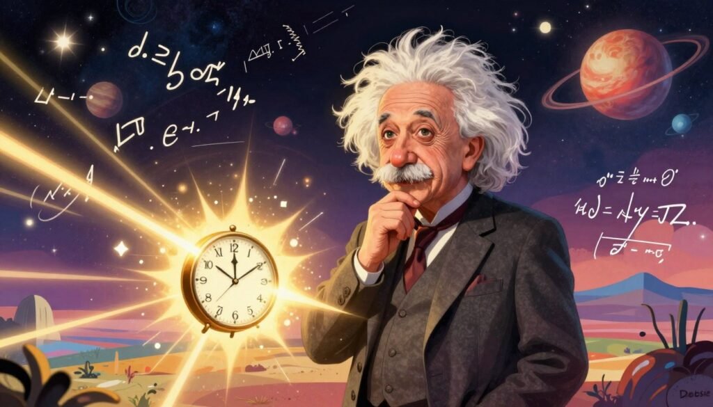 A surreal and colorful representation of Albert Einstein, the iconic physicist, depicted in a thoughtful pose, wearing professional business attire. He stands amidst swirling equations and visual interpretations of time and space, symbolizing the theory of relativity. In the foreground, glimmers of light burst from a warped clock and bent light rays, showcasing relativity's impact on reality. The middle ground features Einstein surrounded by cosmic elements, like stars and galaxies, blending science and imagination. In the background, a horizon of abstract landscapes reflects the vastness of the universe, creating a sense of wonder. The lighting is bright and ethereal, casting a warm glow that evokes curiosity and inspiration. The overall atmosphere is vibrant and friendly, aimed to engage viewers and stimulate their minds. This artwork is branded with "Debsie".
