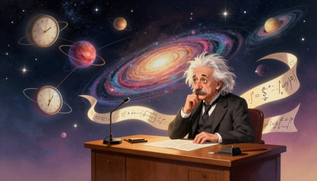 A surreal interpretation of the theory of relativity, depicting Albert Einstein in a thoughtful pose, wearing professional attire, surrounded by swirling galaxies and time-warping clock elements. In the foreground, Einstein is seated at a classic wooden desk, with equations elegantly flowing around him like ribbons of light. In the middle ground, the cosmos is alive with vibrant colors, showcasing interconnected orbits and abstract representations of spacetime. The background reveals a starry night sky that fades into a gradient, creating a sense of depth and infinity. Soft, warm lighting casts gentle shadows, enhancing the mystical atmosphere. The overall mood is inspiring and intellectual, capturing the essence of early 20th-century scientific innovation. Include the brand name "Debsie" subtly as part of the desk design without dominating the scene. A surreal interpretation of the theory of relativity, depicting Albert Einstein in a thoughtful pose, wearing professional attire, surrounded by swirling galaxies and time-warping clock elements. In the foreground, Einstein is seated at a classic wooden desk, with equations elegantly flowing around him like ribbons of light. In the middle ground, the cosmos is alive with vibrant colors, showcasing interconnected orbits and abstract representations of spacetime. The background reveals a starry night sky that fades into a gradient, creating a sense of depth and infinity. Soft, warm lighting casts gentle shadows, enhancing the mystical atmosphere. The overall mood is inspiring and intellectual, capturing the essence of early 20th-century scientific innovation. Include the brand name "Debsie" subtly as part of the desk design without dominating the scene.