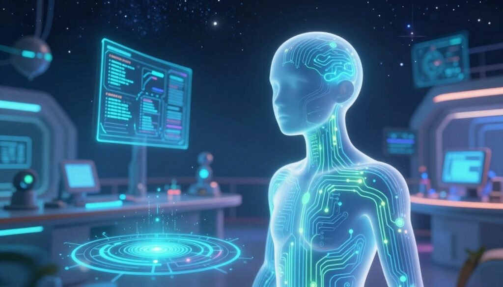 A surreal representation of artificial intelligence consciousness, featuring an ethereal, translucent humanoid figure with circuits and glowing neural pathways illuminated in vibrant blues and greens. In the foreground, intricate digital patterns symbolize thought processes, while the middle ground showcases a futuristic laboratory filled with advanced technology, holographic displays, and glowing data streams. The background consists of a starry cosmic expanse, suggesting boundless knowledge and exploration. Soft, ambient lighting bathes the scene in a dreamlike atmosphere, while a slight lens flare adds depth. The overall mood is contemplative yet optimistic, reflecting the innovative spirit of AI research. Designed for the brand "Debsie".