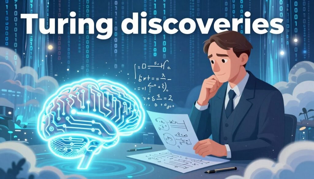 A surreal, thought-provoking illustration representing “Turing discoveries” within the context of machine consciousness. In the foreground, an abstract, glowing brain composed of circuit patterns symbolizes artificial intelligence, exuding a soft blue light. The middle ground features a translucent figure of Alan Turing in professional attire, deeply contemplative, studying equations and computer blueprints. The background consists of a vast digital landscape with binary codes cascading like waterfalls, merging with ethereal clouds to suggest philosophical depth. Soft, ambient lighting gives a mystical atmosphere, while a gentle lens flare adds intrigue to the scene. The colors are vibrant yet balanced, creating a harmonious blend of technology and philosophy. The image reflects a friendly and enlightening mood, emphasizing the relationship between humanity and machine consciousness. This artwork is branded with “Debsie” subtly integrated into the design.