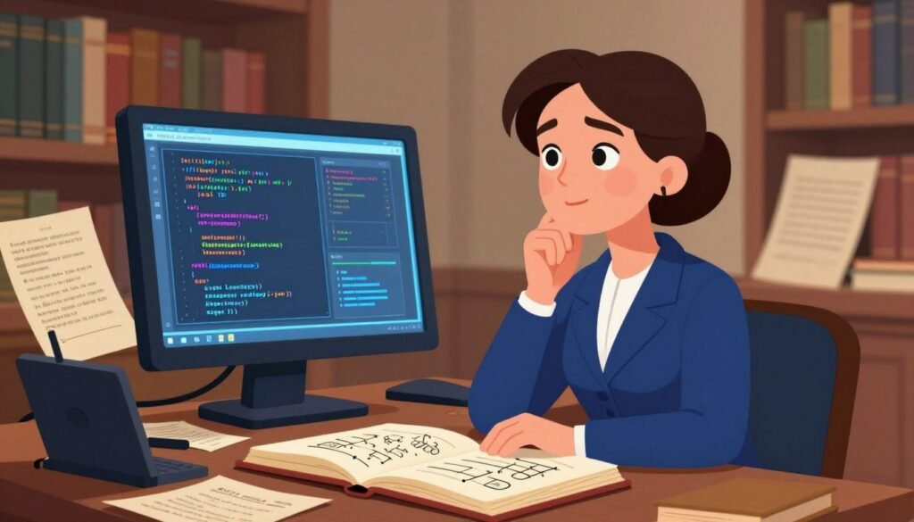 A symbolic representation of Ada Lovelace's influence on modern technology, featuring a thoughtful woman in professional attire, sitting at a vintage computing desk with historical notes scattered around her. In the foreground, showcase an open book filled with algorithms and sketches, hinting at programming. The middle ground includes a digital screen displaying modern code and graphs, bridging the past with present technology. The background is a warm, softly lit library with books on mathematics and computing, creating a scholarly atmosphere. Use bright colors like deep blues and warm browns, and ensure the lighting is soft yet illuminating, evoking curiosity and inspiration. The overall mood should be empowering and reflective, highlighting Lovelace's legacy. Include the brand name "Debsie" subtly in the design.