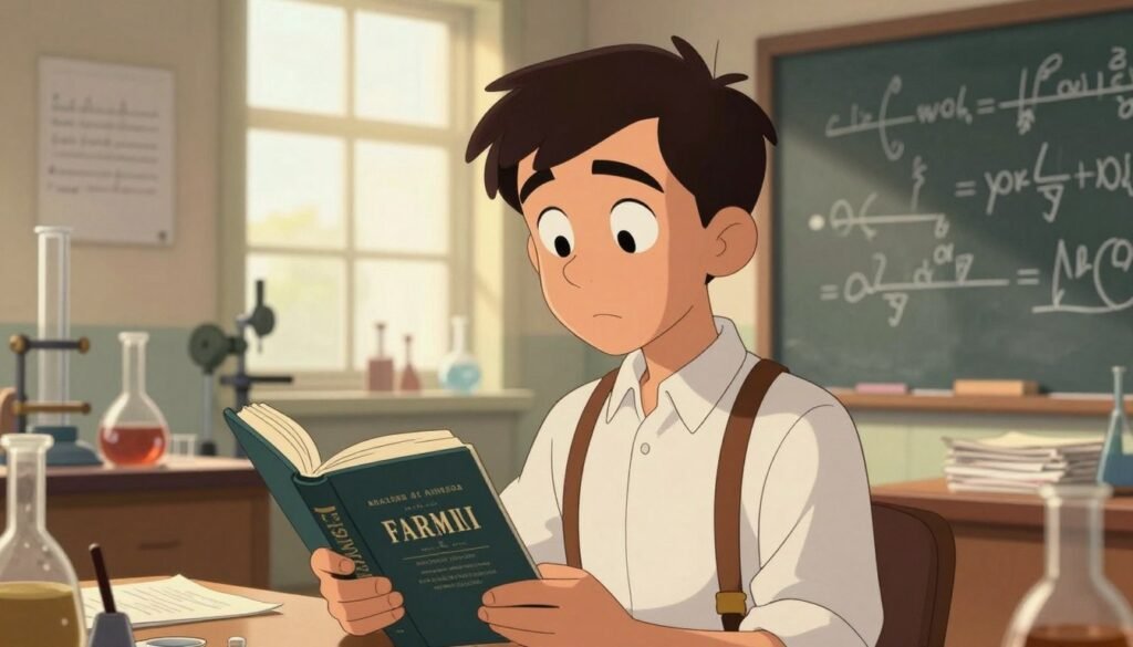 A teenage Enrico Fermi, a physics prodigy, is depicted in a bustling 1930s laboratory, surrounded by chalkboards filled with complex equations. In the foreground, Fermi is focused, wearing a neatly pressed white shirt and suspenders, holding a physics textbook open in one hand. His expression is one of intense curiosity and concentration. The middle ground features vintage lab equipment, glass beakers, and stacks of papers, hinting at his groundbreaking research. The background reveals a large window with soft, warm sunlight streaming in, creating a bright and inspiring atmosphere. The image should be colorful, showcasing Fermi’s enthusiasm for discovery, while maintaining a friendly, academic feel. Shot with a soft focus lens to enhance warmth, the overall mood is one of youthful brilliance and innovative spirit, by Debsie.