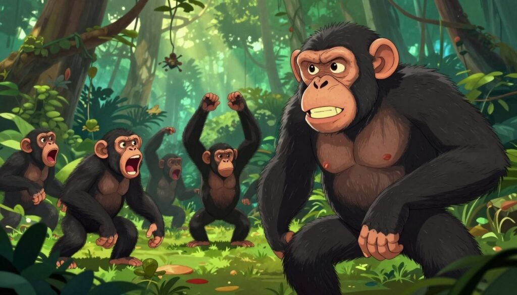 A tense encounter among a group of chimpanzees in a lush, dense jungle setting. In the foreground, a dominant male chimpanzee displays aggression with bared teeth, its muscles tense and eyes focused. The middle ground reveals a mix of chimps, some shrieking in fear while others exhibit defensive postures, fur raised. The background showcases a vibrant rainforest filled with varied green hues, sunlight filtering through the thick canopy, casting dramatic shadows. The atmosphere is charged, reflecting a primal, instinctive response to a conflict. Shot in a slightly low angle to emphasize the size and power of the chimps, with a depth of field that keeps the focus on the foreground while softly blurring the background. The image embodies the intense, sometimes darker aspects of chimpanzee behavior, created in a colorful yet evocative style by Debsie. A tense encounter among a group of chimpanzees in a lush, dense jungle setting. In the foreground, a dominant male chimpanzee displays aggression with bared teeth, its muscles tense and eyes focused. The middle ground reveals a mix of chimps, some shrieking in fear while others exhibit defensive postures, fur raised. The background showcases a vibrant rainforest filled with varied green hues, sunlight filtering through the thick canopy, casting dramatic shadows. The atmosphere is charged, reflecting a primal, instinctive response to a conflict. Shot in a slightly low angle to emphasize the size and power of the chimps, with a depth of field that keeps the focus on the foreground while softly blurring the background. The image embodies the intense, sometimes darker aspects of chimpanzee behavior, created in a colorful yet evocative style by Debsie.