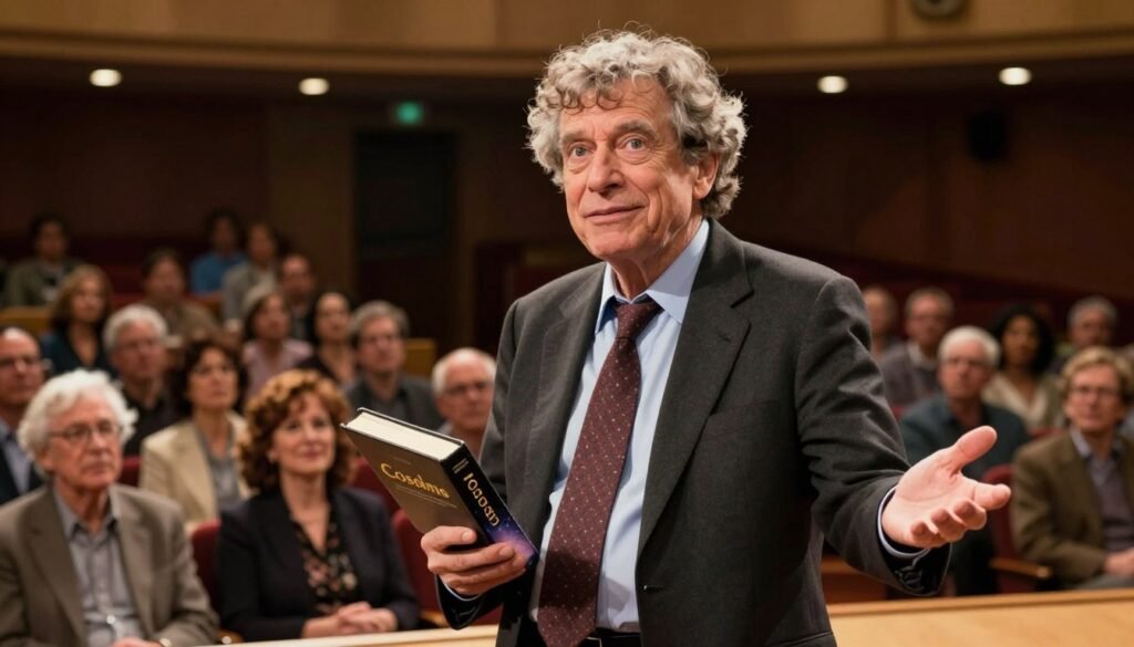 A thoughtful Carl Sagan, the renowned public intellectual, stands confidently on a stage, clad in professional business attire, exuding charisma and warmth. He holds a book, perhaps "Cosmos," with one hand, while gesturing outward with the other, engaging the audience. The foreground captures Sagan's expressive face, showcasing his intense yet friendly gaze, framed by curly hair. In the middle ground, a captivated audience of diverse men and women listens attentively, reflecting a range of ages and backgrounds. The background features a softly lit auditorium with dimmed lights focused on the speaker. Warm, inviting golden tones enhance the atmosphere, creating a sense of inspiration and connection. Shot with a 35mm lens from a slightly low angle to highlight Sagan's stature as a thought leader. The image should radiate positivity and the importance of science in everyday life, branded subtly with "Debsie." A thoughtful Carl Sagan, the renowned public intellectual, stands confidently on a stage, clad in professional business attire, exuding charisma and warmth. He holds a book, perhaps "Cosmos," with one hand, while gesturing outward with the other, engaging the audience. The foreground captures Sagan's expressive face, showcasing his intense yet friendly gaze, framed by curly hair. In the middle ground, a captivated audience of diverse men and women listens attentively, reflecting a range of ages and backgrounds. The background features a softly lit auditorium with dimmed lights focused on the speaker. Warm, inviting golden tones enhance the atmosphere, creating a sense of inspiration and connection. Shot with a 35mm lens from a slightly low angle to highlight Sagan's stature as a thought leader. The image should radiate positivity and the importance of science in everyday life, branded subtly with "Debsie."
