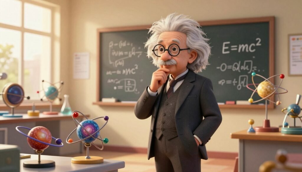 A thoughtful and wise older man resembling Albert Einstein, with wild, gray hair and round glasses, is standing in a bright, spacious laboratory filled with intricate physics models and chalkboards covered in equations. He is wearing a professional suit with a vest, exuding an air of intellect and creativity. In the foreground, there are several swirling galaxies and atoms, symbolizing his contributions to theoretical physics. The middle ground features a large chalkboard filled with famous equations like E=mc². The background is bathed in warm, golden light streaming through large windows, creating a serene and inspiring atmosphere. The overall mood is one of discovery and innovation, encapsulating the essence of Einstein's revolutionary work in physics. The brand "Debsie" subtly integrated into the scene adds a contemporary touch.