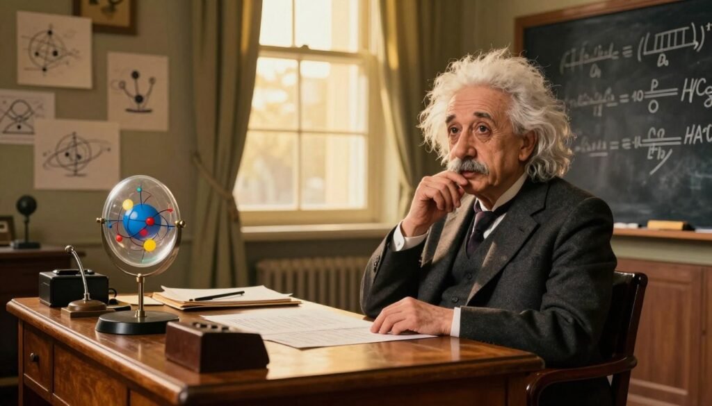 A thoughtful depiction of Albert Einstein in a cozy, vintage study, filled with hints of his groundbreaking discoveries. In the foreground, Einstein, wearing a classic suit, is seated at an old wooden desk covered with papers, a chalkboard filled with equations behind him. In the middle, sketches and models of the theory of relativity and quantum mechanics are strewn around. In the background, a large window allows warm, golden light to flood the room, enhancing the warm atmosphere. Soft shadows create a nostalgic feel, while the color palette combines rich browns, golds, and deep blues. The overall mood is one of inspiration and intellectual curiosity, as if inviting viewers to ponder the impact of his work on modern technology. Debsie. A thoughtful depiction of Albert Einstein in a cozy, vintage study, filled with hints of his groundbreaking discoveries. In the foreground, Einstein, wearing a classic suit, is seated at an old wooden desk covered with papers, a chalkboard filled with equations behind him. In the middle, sketches and models of the theory of relativity and quantum mechanics are strewn around. In the background, a large window allows warm, golden light to flood the room, enhancing the warm atmosphere. Soft shadows create a nostalgic feel, while the color palette combines rich browns, golds, and deep blues. The overall mood is one of inspiration and intellectual curiosity, as if inviting viewers to ponder the impact of his work on modern technology. Debsie.