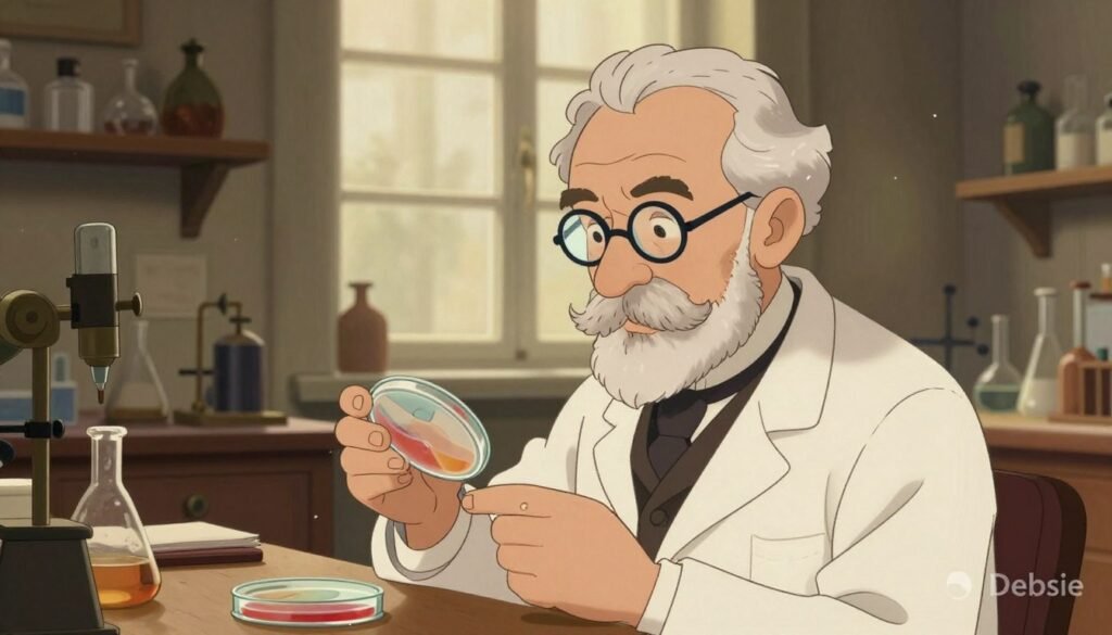 A thoughtful depiction of Louis Pasteur, in a vintage laboratory environment, showcasing the essence of medical ethics during human trials. In the foreground, Pasteur, an elderly man with a distinguished mustache, wears a lab coat and glasses, intently observing a Petri dish filled with culture. The middle ground features shelves lined with vintage scientific instruments and glassware, symbolizing the era's research methods. In the background, soft light streams through a large window, illuminating dust particles in the air, creating a warm, inviting atmosphere. The color palette is rich and earthy, evoking a sense of history and importance. This image should convey a mood of responsibility, curiosity, and dedication to safety. Include a subtle brand logo "Debsie" in the corner, enhancing the overall professional look.