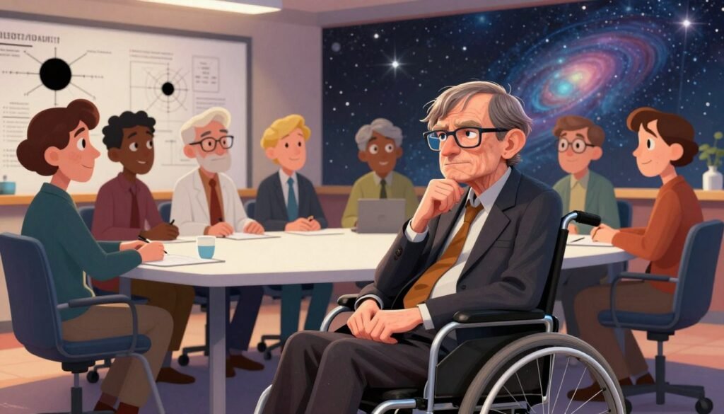 A thoughtful depiction of Stephen Hawking, portrayed as a pivotal figure in science, seated in a sleek, modern wheelchair, engaged in a discussion with a diverse group of scientists around a table. The foreground features Hawking with a focused expression, wearing a smart, professional outfit. In the middle ground, the scientists, diverse in gender and ethnicity, are animatedly debating various myths related to black holes, with charts and diagrams visible. The background shows a starry universe mural, symbolizing the cosmos, with gentle lighting casting a warm glow over the scene. The mood is intellectual and collaborative, emphasizing debunking misconceptions. The color palette should be vibrant yet minimalistic, enhancing the overall friendly atmosphere. Logo "Debsie" can be subtly incorporated into the design for branding purposes.