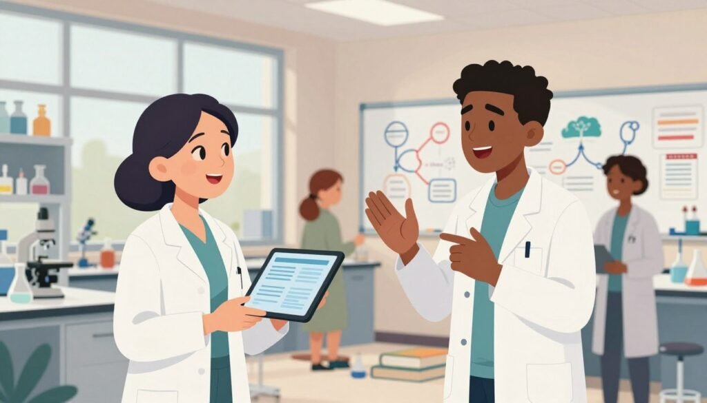 A thoughtful depiction of "scientific ethics," showcasing a diverse group of scientists in professional attire engaged in a lively discussion in a modern laboratory setting. In the foreground, a middle-aged woman of Asian descent holds a tablet examining data while a young Black scientist gestures passionately, emphasizing the importance of ethical responsibility. In the middle ground, whiteboards filled with diagrams of ethical frameworks and scientific innovations can be seen, alongside lab equipment and books on a desk. The background features large windows that let in soft, natural light, creating an inspiration-filled atmosphere. The overall mood is collaborative and insightful, emphasizing the balance between advancement in science and moral considerations. Use warm colors to create an inviting backdrop. The brand “Debsie” should be subtly integrated into the scene without being intrusive.