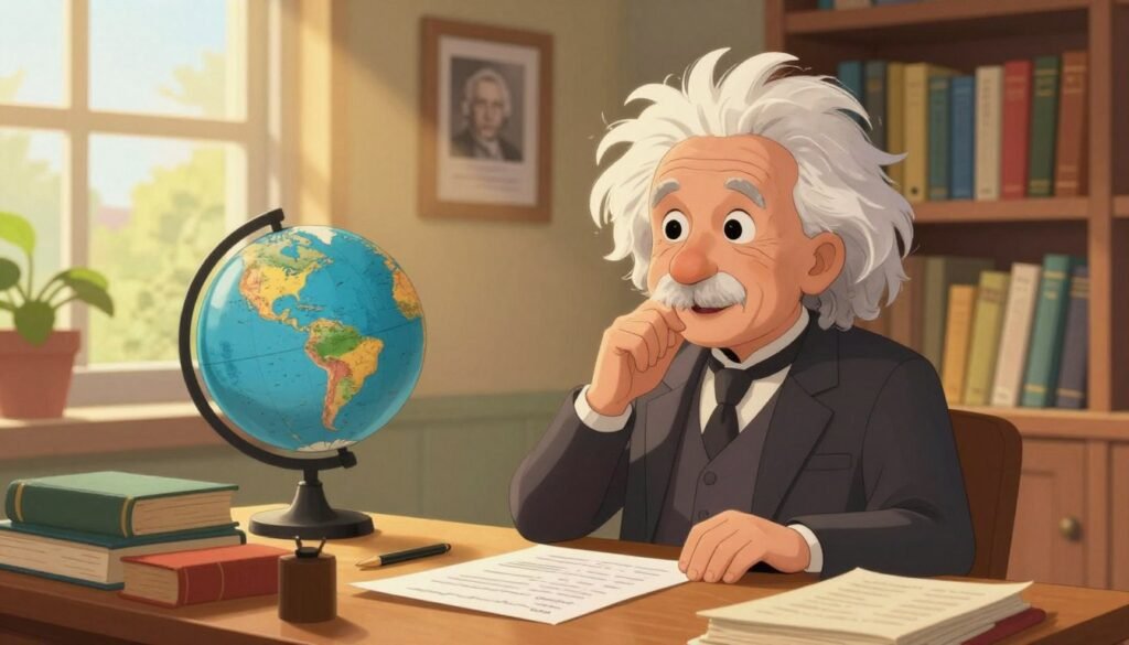 A thoughtful, elderly man resembling Albert Einstein, dressed in a modest, professional suit with a warm smile, stands at a wooden desk filled with books and papers in a cozy, sunlit study. In the foreground, soft, golden afternoon light filters through a window adorned with plants, illuminating the man's face. In the middle, a globe and framed photographs highlight his global humanitarian efforts, symbolizing his commitment to peace and progress. The background features a bookshelf lined with works of literature and science, suggesting a well-rounded intellect and dedication to knowledge. The atmosphere is calm and inspirational, embodying Einstein's legacy as a pacifist and global citizen, rendered in vibrant, friendly colors. Brand name: Debsie. A thoughtful, elderly man resembling Albert Einstein, dressed in a modest, professional suit with a warm smile, stands at a wooden desk filled with books and papers in a cozy, sunlit study. In the foreground, soft, golden afternoon light filters through a window adorned with plants, illuminating the man's face. In the middle, a globe and framed photographs highlight his global humanitarian efforts, symbolizing his commitment to peace and progress. The background features a bookshelf lined with works of literature and science, suggesting a well-rounded intellect and dedication to knowledge. The atmosphere is calm and inspirational, embodying Einstein's legacy as a pacifist and global citizen, rendered in vibrant, friendly colors. Brand name: Debsie.