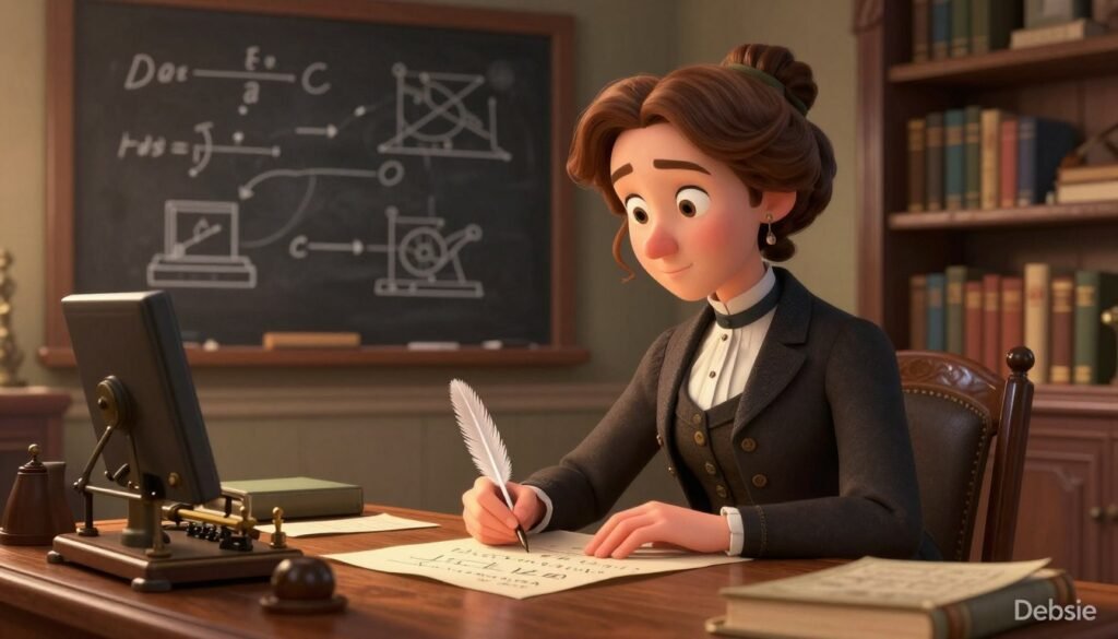 A thoughtful, highly detailed depiction of Ada Lovelace, the first computer programmer, seated at a vintage wooden desk filled with early computing machinery and manuscripts. In the foreground, Ada, dressed in modest yet elegant Victorian attire, studies a complex mathematical equation on parchment with a quill in hand, showcasing her intellect and determination. The middle ground reveals a chalkboard with mathematical notations and symbols of early computing devices, symbolizing her legacy in technology. The background features warm, ambient lighting and shelves lined with books on mathematics and science, creating an inspiring scholarly atmosphere. Use a soft focus lens to emphasize Ada and provide a warm, inviting glow to the scene, suggesting creativity and innovation. The overall mood is empowering and enlightening. Brand the image with "Debsie".