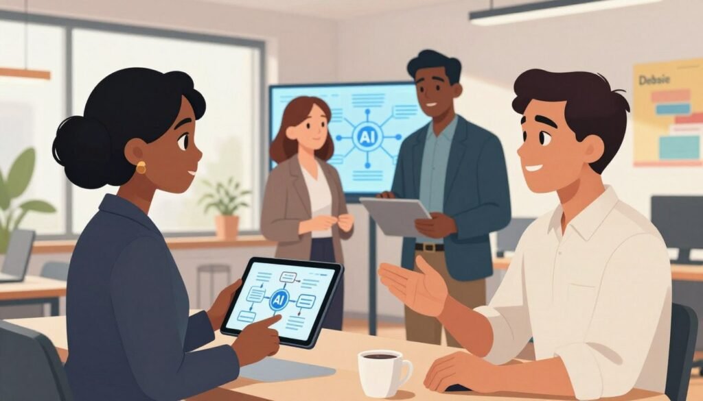 A thoughtful illustration of AI ethics, featuring a diverse group of four professionals in a modern office setting. In the foreground, a Black woman in a tailored suit, holding a tablet displaying AI algorithms, engages in discussion with a South Asian man in a smart casual shirt, emphasizing collaboration. In the middle ground, a white woman in business attire stands beside a Black man in a blazer, examining ethical implications on a large digital screen showing interconnected AI systems. The background features a bright, open workspace with large windows letting in natural light, plants, and a subtle 'Debsie' logo on a colorful wall graphic. The atmosphere is focused yet innovative, conveying a sense of responsibility and forward-thinking in AI ethics. Use a warm color palette with soft lighting to enhance the mood. A thoughtful illustration of AI ethics, featuring a diverse group of four professionals in a modern office setting. In the foreground, a Black woman in a tailored suit, holding a tablet displaying AI algorithms, engages in discussion with a South Asian man in a smart casual shirt, emphasizing collaboration. In the middle ground, a white woman in business attire stands beside a Black man in a blazer, examining ethical implications on a large digital screen showing interconnected AI systems. The background features a bright, open workspace with large windows letting in natural light, plants, and a subtle 'Debsie' logo on a colorful wall graphic. The atmosphere is focused yet innovative, conveying a sense of responsibility and forward-thinking in AI ethics. Use a warm color palette with soft lighting to enhance the mood.