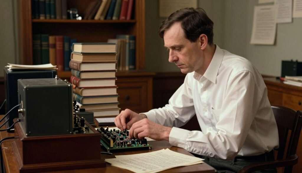 A thoughtful portrait of Alan Turing immersed in his work at a vintage computing desk. He is depicted as a middle-aged man with short dark hair, wearing a crisp white shirt and dark trousers, focusing intently on a complex arrangement of early computing machinery and handwritten notes scattered around. The foreground showcases Turing's hands adjusting a frail circuit board, while the middle ground features tall stacks of books on mathematics and logic. In the background, a dimly lit room with wooden shelves filled with more technology and papers creates a warm atmosphere. Soft, diffused lighting emphasizes the seriousness of his work, casting gentle shadows. The image captures the pioneering spirit of computing, evoking a sense of innovation and intellect. Debsie. A thoughtful portrait of Alan Turing immersed in his work at a vintage computing desk. He is depicted as a middle-aged man with short dark hair, wearing a crisp white shirt and dark trousers, focusing intently on a complex arrangement of early computing machinery and handwritten notes scattered around. The foreground showcases Turing's hands adjusting a frail circuit board, while the middle ground features tall stacks of books on mathematics and logic. In the background, a dimly lit room with wooden shelves filled with more technology and papers creates a warm atmosphere. Soft, diffused lighting emphasizes the seriousness of his work, casting gentle shadows. The image captures the pioneering spirit of computing, evoking a sense of innovation and intellect. Debsie.