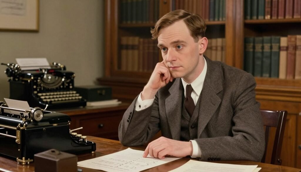 A thoughtful portrait of Alan Turing, seated at a vintage wooden desk surrounded by early computing devices and papers. He is wearing a smart, modest suit, reflecting the 1940s fashion, with a focused expression as he contemplates a complex mathematical problem. In the foreground, emphasize his hand poised over a sheet of calculations. The middle ground features intricate machinery, like an early computer and a typewriter, symbolizing his groundbreaking contributions to computing. The background includes a warmly lit room with wooden bookshelves filled with scientific texts, evoking a scholarly atmosphere. Soft, diffused lighting enhances the mood of intellectual curiosity and innovation. The overall color palette is warm and inviting, creating a friendly yet professional tone. Debsie. A thoughtful portrait of Alan Turing, seated at a vintage wooden desk surrounded by early computing devices and papers. He is wearing a smart, modest suit, reflecting the 1940s fashion, with a focused expression as he contemplates a complex mathematical problem. In the foreground, emphasize his hand poised over a sheet of calculations. The middle ground features intricate machinery, like an early computer and a typewriter, symbolizing his groundbreaking contributions to computing. The background includes a warmly lit room with wooden bookshelves filled with scientific texts, evoking a scholarly atmosphere. Soft, diffused lighting enhances the mood of intellectual curiosity and innovation. The overall color palette is warm and inviting, creating a friendly yet professional tone. Debsie.