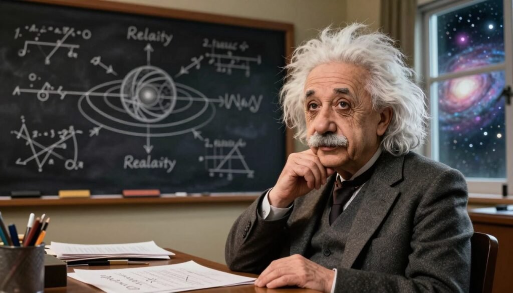 A thoughtful portrait of Albert Einstein, depicted as an elderly man with distinctive wild, white hair and a contemplative expression, dressed in a smart, casual outfit. In the foreground, he is seated at a desk cluttered with papers and physics equations, symbolizing his groundbreaking work. The midground features an intricate blackboard filled with diagrams representing the theory of relativity, showcasing curvature of space-time around a massive object. In the background, a window reveals a cosmic scene of swirling galaxies and stars, casting ethereal light into the room. The overall ambiance is one of curiosity and intellectual wonder, emphasizing the importance of Einstein's contribution to modern physics. The lighting is warm, inviting, and inspirational, giving the scene a friendly yet scholarly atmosphere. Designed under the branding of Debsie.