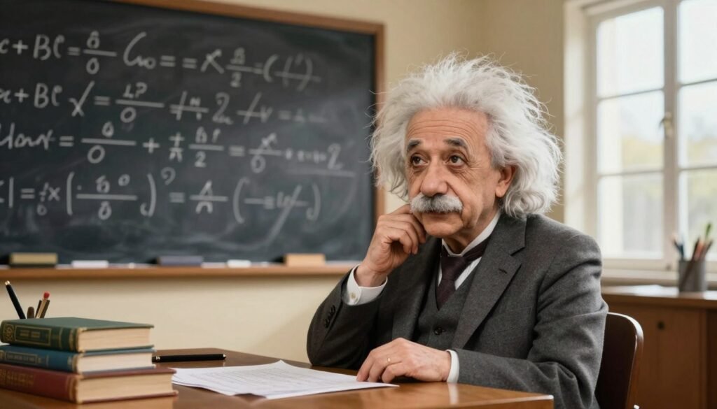A thoughtful portrait of Albert Einstein, depicted as an older man with wild, unkempt white hair and a kind expression. He wears a professional, modest suit, emphasizing his scholarly demeanor. In the foreground, Einstein is sitting at a wooden desk, surrounded by books and scientific papers, exuding curiosity and wisdom. The middle ground features a chalkboard filled with complex equations, representing his groundbreaking theories. The background is a warm, softly lit study, with a window showcasing a bright, inviting day outside, symbolizing the beauty of knowledge and exploration. The lighting is warm and natural, creating a friendly atmosphere. The image is colorful yet minimal, embodying the essence of curiosity. Created by Debsie.